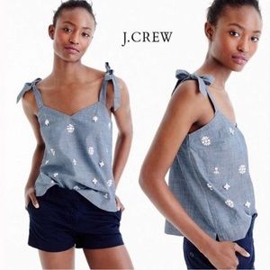 EUC- J Crew Beaded Chambray Tie Strap Top